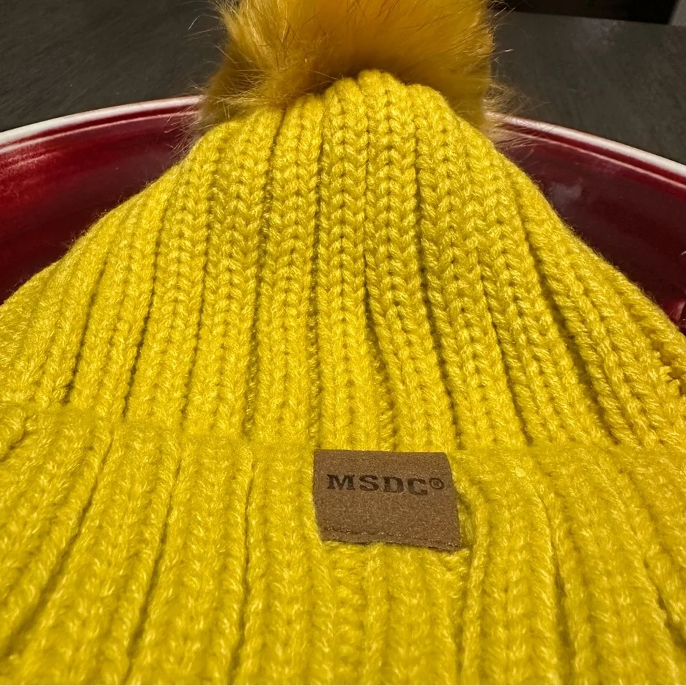 Brand New MSDC Women's Knit Mustard Yellow Beanie featuring a Playful‎ Pom-Pom